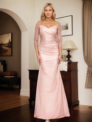 Semi Sheer LIlusion Sleeves Ruched Waist Mother Of The Bride Dresses With Off Shoulder