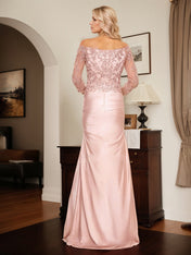 Semi Sheer LIlusion Sleeves Ruched Waist Mother Of The Bride Dresses With Off Shoulder