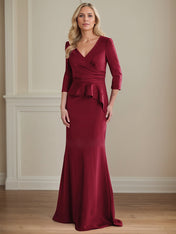Modest Trumpet Long Sleeves V-Neck Satin Mother Of The Bride Dresses With Ruffle
