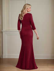 Modest Trumpet Long Sleeves V-Neck Satin Mother Of The Bride Dresses With Ruffle