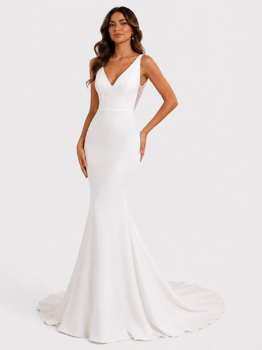 Elegant V-Neck Sheer Illusion Back Satin Mermaid Wedding Dress with Chapel Train