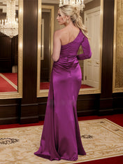 Orchid Elegant Ruched One-Shoulder Long Sleeves Satin Mother Of The Bride Dresses