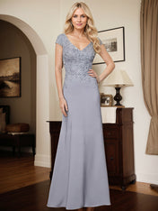 Elegant V-Neck Cap Strsps Elastic Satin Mother Of The Bride Dresses With Lace Applique