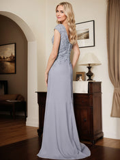 Elegant V-Neck Cap Strsps Elastic Satin Mother Of The Bride Dresses With Lace Applique