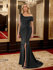 One-Shoulder Ruffled Floral Embroidered Waist Silk Like Satin Mother Of The Bride Dresses With Slit