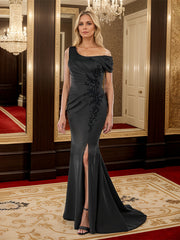One-Shoulder Ruffled Floral Embroidered Waist Silk Like Satin Mother Of The Bride Dresses With Slit