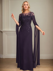 Sheath/Column Scoop 1/2 Sleeve Floor-Length Lace Chiffon Mother of the Bride Dress With Sequins
