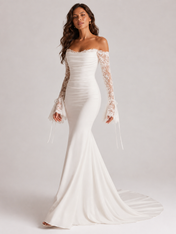 Elegant Off-the-Shoulder Draped Satin Mermaid Wedding Dress with Lace Bell Sleeves and Chapel Train