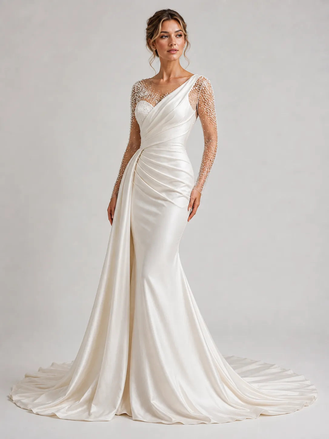 Elegant Satin Mermaid Wedding Dress with Beaded Illusion Sleeves & Draped Train
