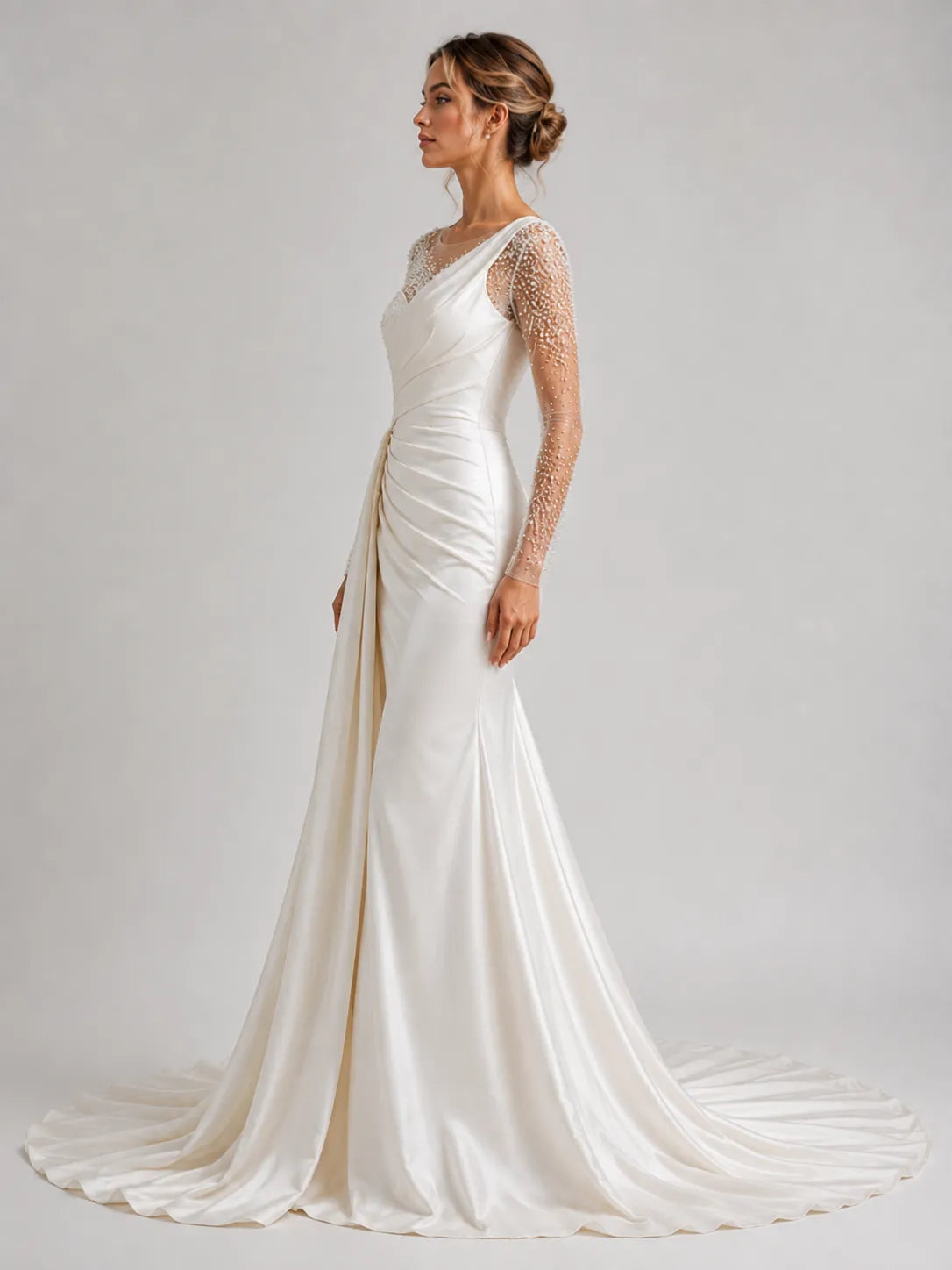 Elegant Satin Mermaid Wedding Dress with Beaded Illusion Sleeves & Draped Train