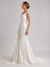 Elegant Satin Mermaid Wedding Dress with Beaded Illusion Sleeves & Draped Train