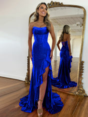 Hot Pink Mermaid Strapless Corset Bodice Long Prom Dress with Ruffle Slit