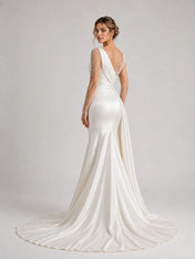 Elegant Satin Mermaid Wedding Dress with Beaded Illusion Sleeves & Draped Train