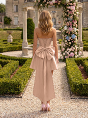 Architectural Blush Pink Strapless High-Low Satin Homecoming Mini Dress