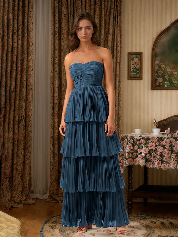 Burgundy A-Line Sweetheart Floor Length Tiered Chiffon Bridesmaid Dress