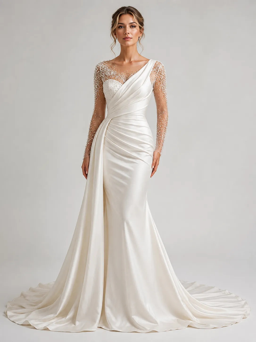 Elegant Satin Mermaid Wedding Dress with Beaded Illusion Sleeves & Draped Train