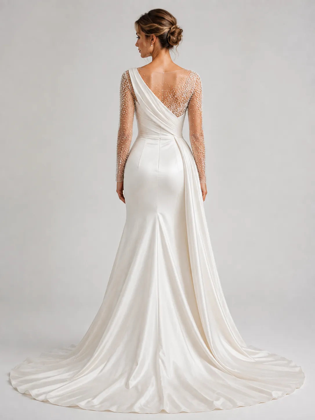 Elegant Satin Mermaid Wedding Dress with Beaded Illusion Sleeves & Draped Train