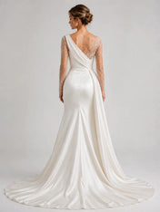 Elegant Satin Mermaid Wedding Dress with Beaded Illusion Sleeves & Draped Train