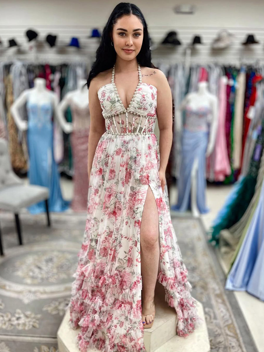 Pink Floral Halter Corset Ruffled Long Prom Dress with Slit