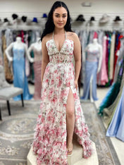 Pink Floral Halter Corset Ruffled Long Prom Dress with Slit