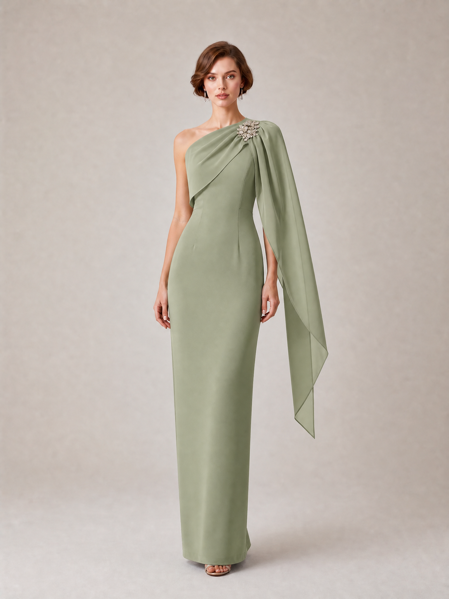 Solid Crepe Column One Shoulder Floor-Length Evening Dresses with Drape