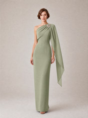 Solid Crepe Column One Shoulder Floor-Length Evening Dresses with Drape