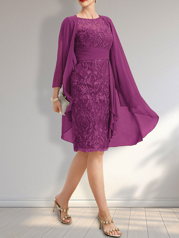 Sheath Scoop Illusion Knee-Length Lace Chiffon Mother of the Bride Dress With Cascading Ruffles Sequins