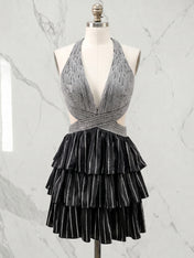 Black Halter Deep V-Neck Rhinestone Striped Tiered Ruffle Short Homecoming Dresses