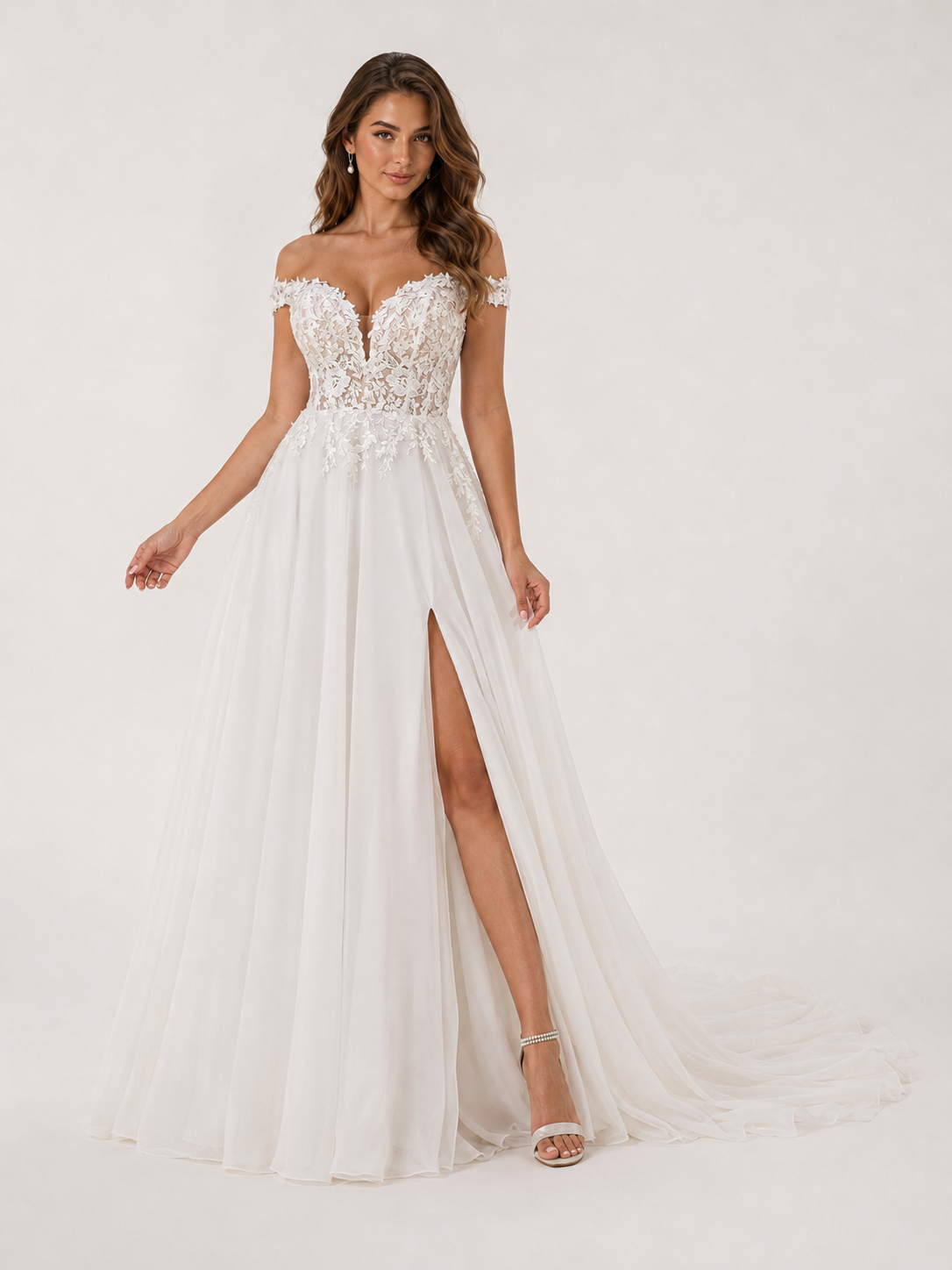 Elegant Off-the-Shoulder Lace Applique Chiffon A-Line Wedding Dress with High Slit and Sweep Train