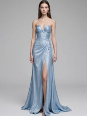 Graduation Party Spaghetti Strap Dress Blue Glossy High Slit Floor-Length Dress