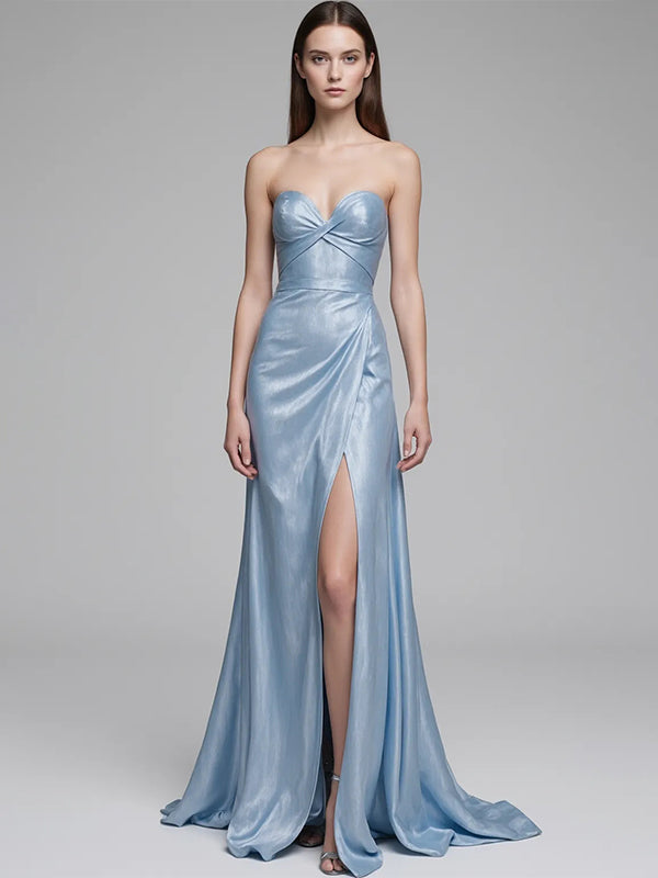 Graduation Party Spaghetti Strap Dress Blue Glossy High Slit Floor-Length Dress