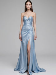 Graduation Party Spaghetti Strap Dress Blue Glossy High Slit Floor-Length Dress