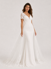 Elegant Lace Applique Short-Sleeve Mermaid Wedding Dress with Detachable Overskirt and Chapel Train