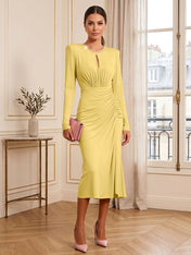 Dusty Rose Long Sleeve Ruched Midi Dress Formal Evening Gown