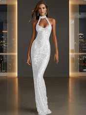 Glamorous Gold Sequin Halter Neck Mermaid Long Prom Dress