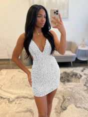 White V Neck Pearl Embellished Short Homecoming Dresses