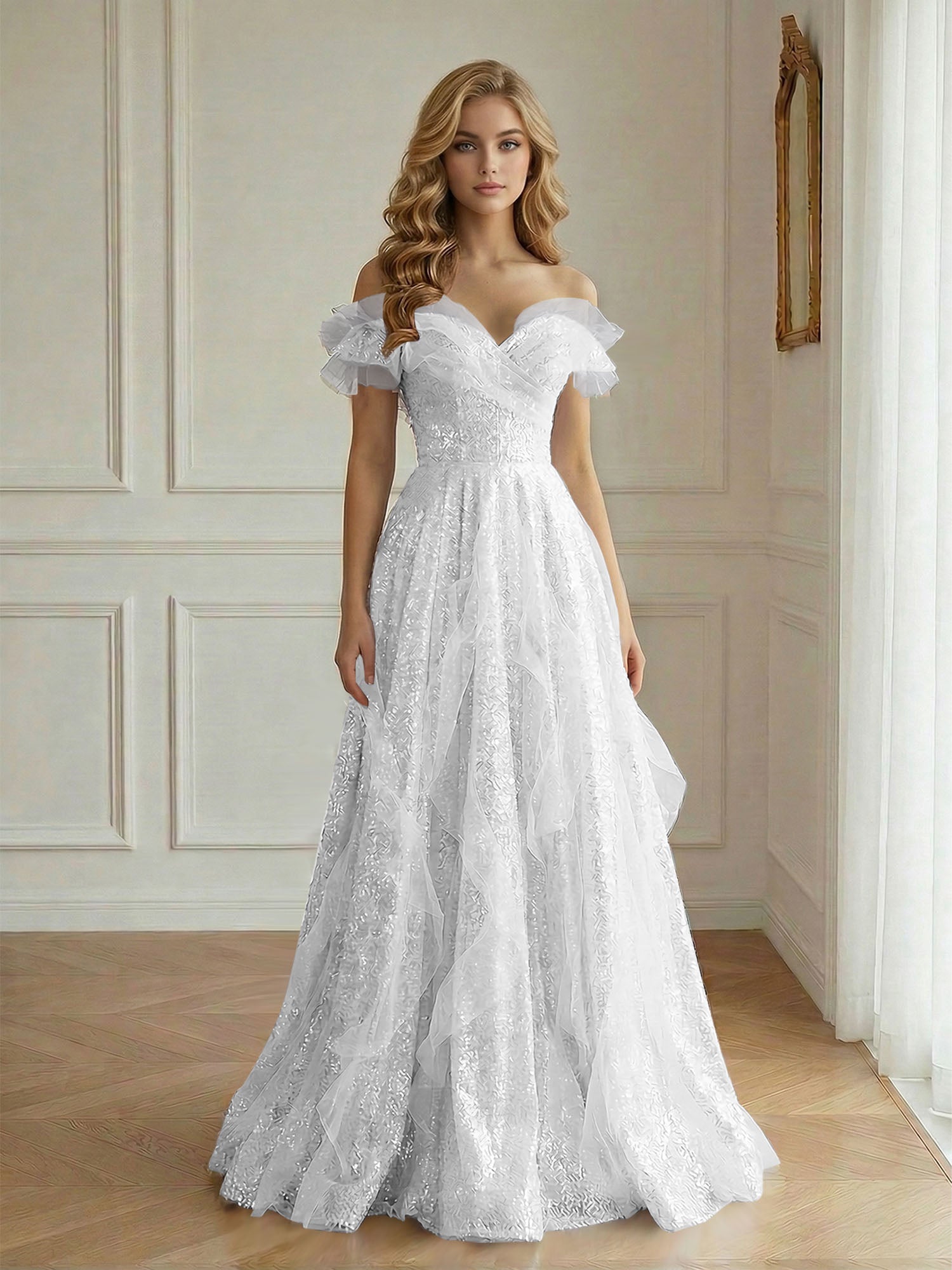 Off-the-Shoulder Sequin Tulle A-Line Gown with Ruffle Accents Prom Dress