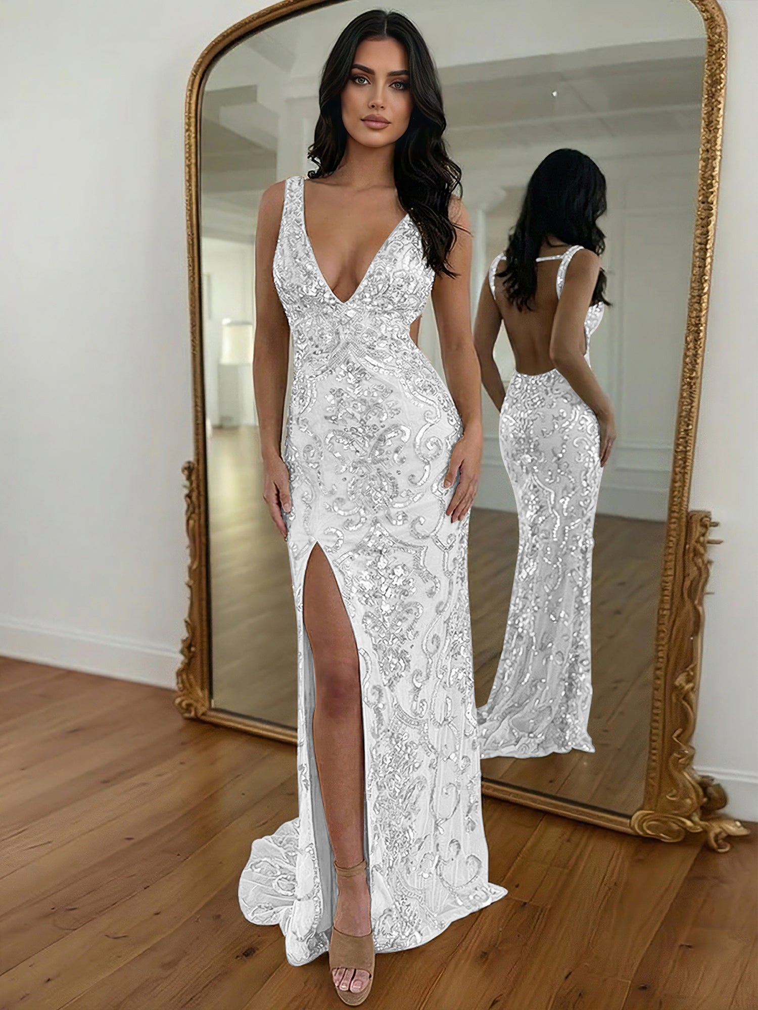 Gold Sequin V-Neck Open Back Mermaid Prom Dress with High Slit