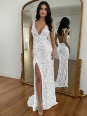 Gold Sequin V-Neck Open Back Mermaid Prom Dress with High Slit