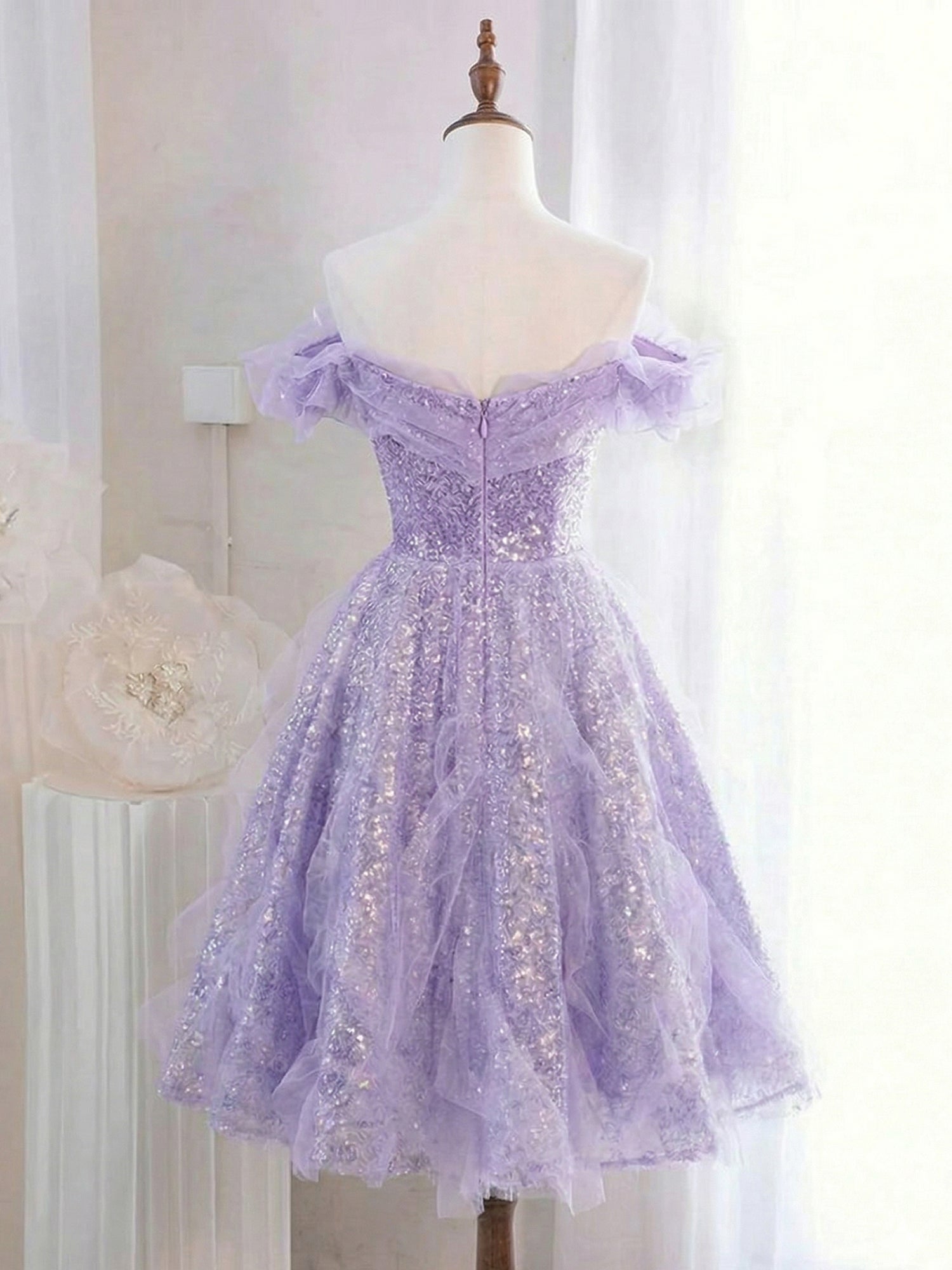 Whimsical Lavender Glitter Tulle Off-the-Shoulder Mini Homecoming Dress