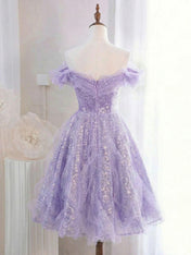 Whimsical Lavender Glitter Tulle Off-the-Shoulder Mini Homecoming Dress