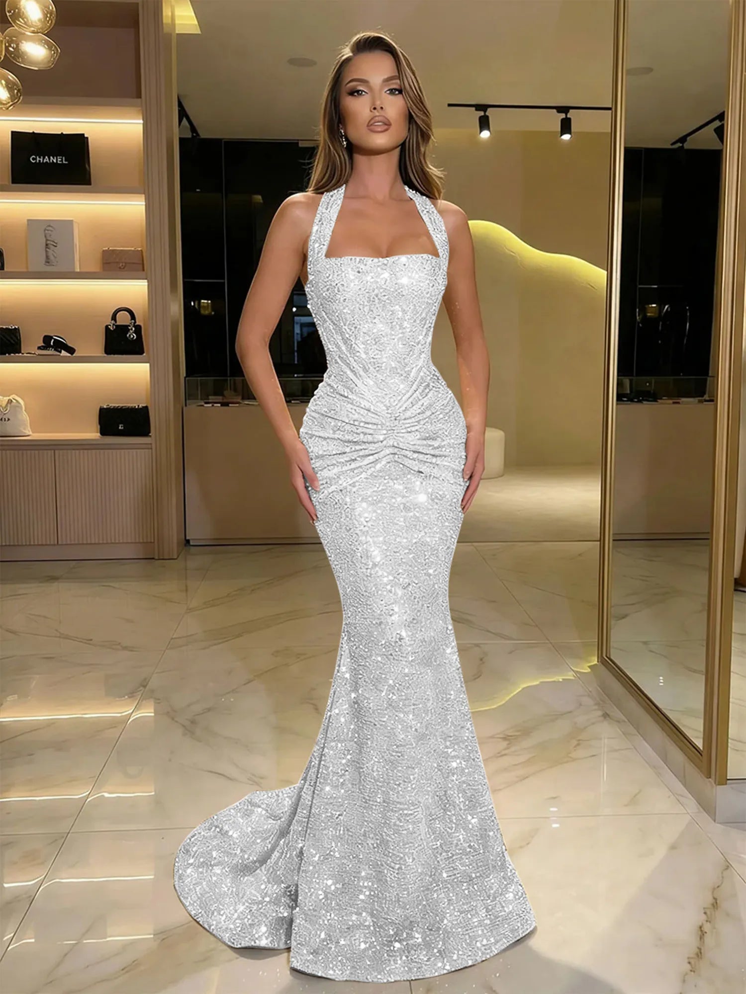 Gold Sequin Halter Mermaid Prom Dress with Ruched Waist