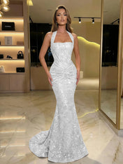 Gold Sequin Halter Mermaid Prom Dress with Ruched Waist