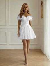Off-the-Shoulder Lace-Up Back Iridescent Tulle Party Dress Homecoming Dress