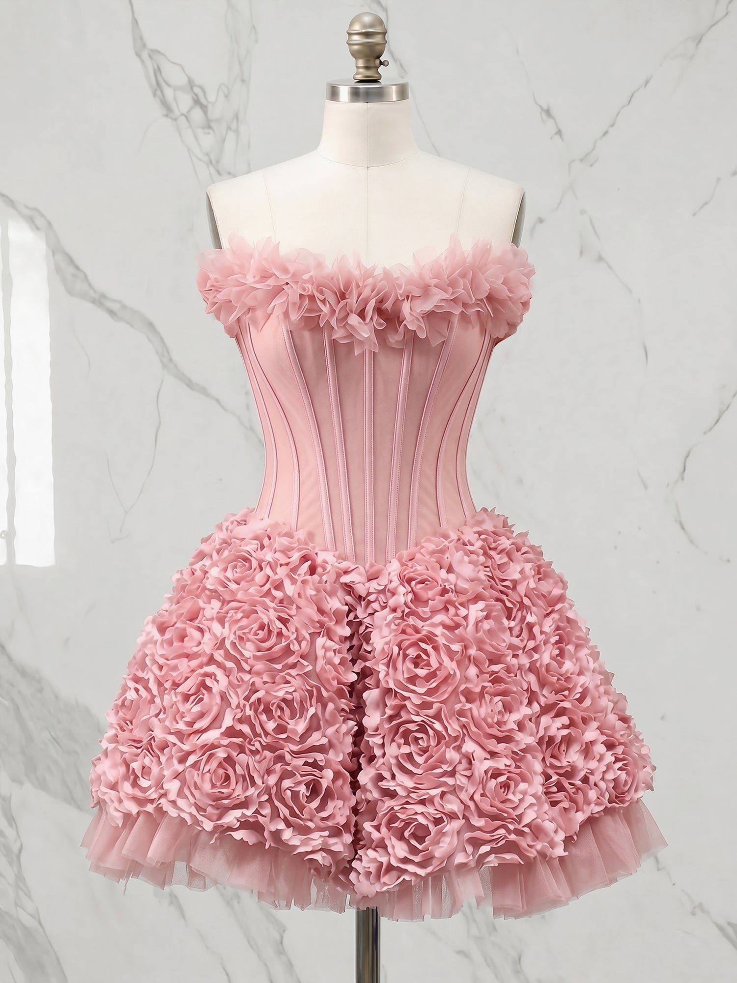 Whimsical Dusty Rose 3D Floral Corset Balletcore Homecoming Dress