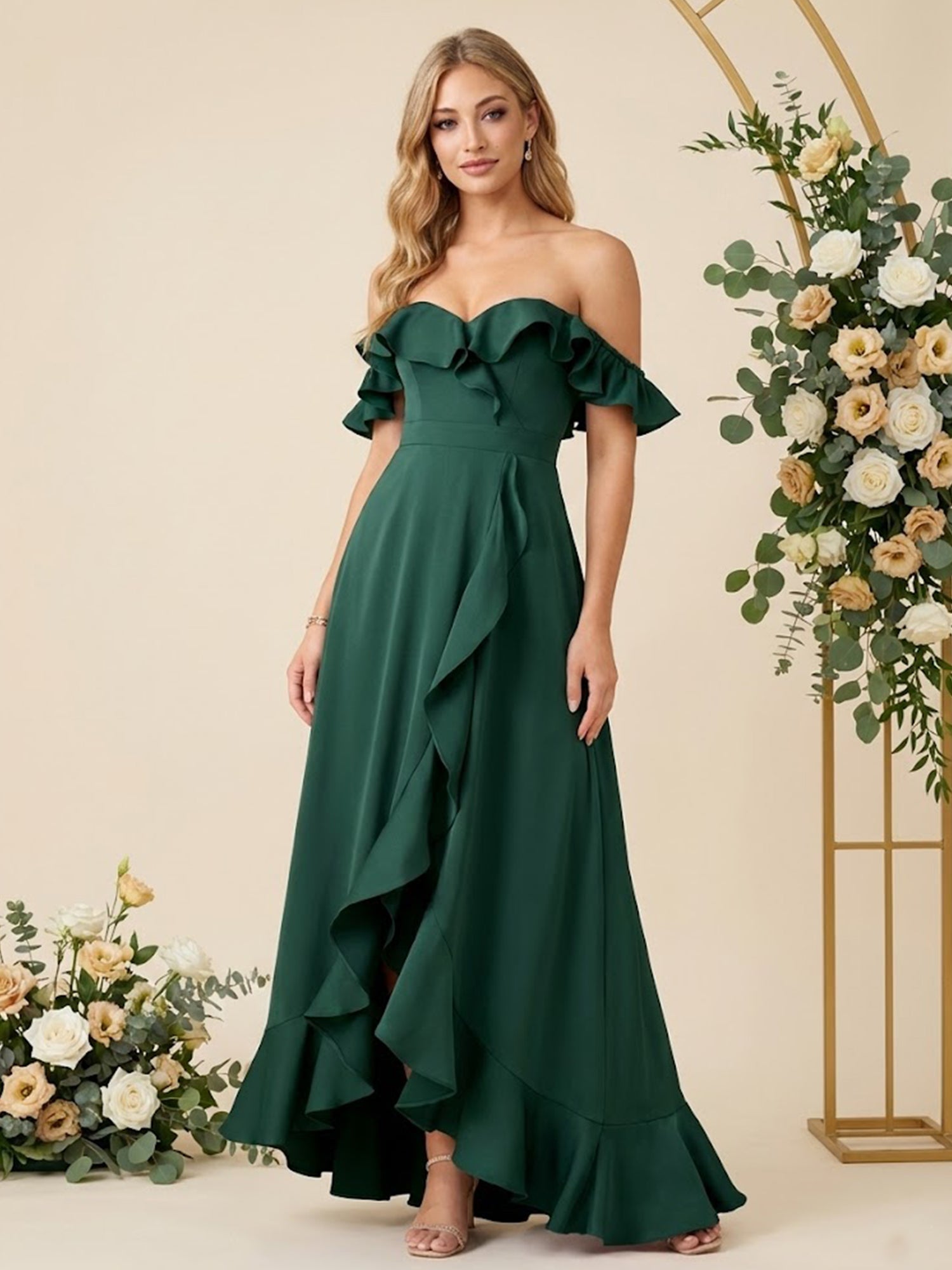 Off the Shoulder Asymmetric A Line Chiffon Long Bridesmaid Dresses with Ruffle