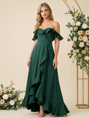 Off the Shoulder Asymmetric A Line Chiffon Long Bridesmaid Dresses with Ruffle