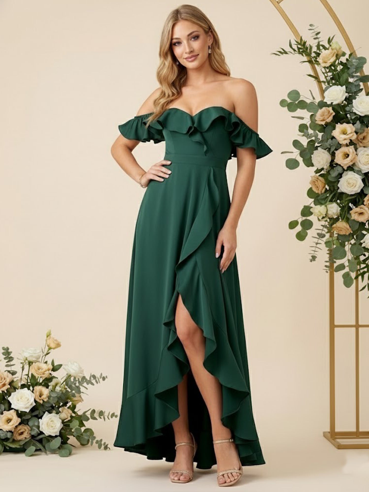 Off the Shoulder Asymmetric A Line Chiffon Long Bridesmaid Dresses with Ruffle