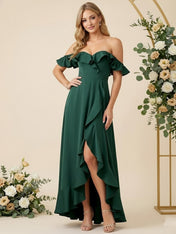 Off the Shoulder Asymmetric A Line Chiffon Long Bridesmaid Dresses with Ruffle