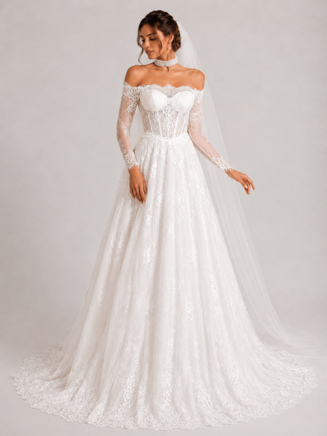 Elegant Off-the-Shoulder Lace Corset A-Line Wedding Dress with Chapel Train